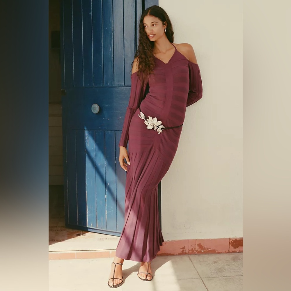 NWT BY ANTHROPOLOGIE COLD-SHOULDER KNIT MAXI DRESS Wine